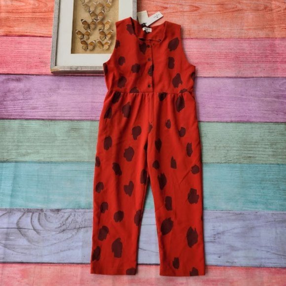 NWT Pepaloves Rust Red Isadora Printed Slim Straight Leg Retro Knit Jumpsuit XS - Picture 1 of 7
